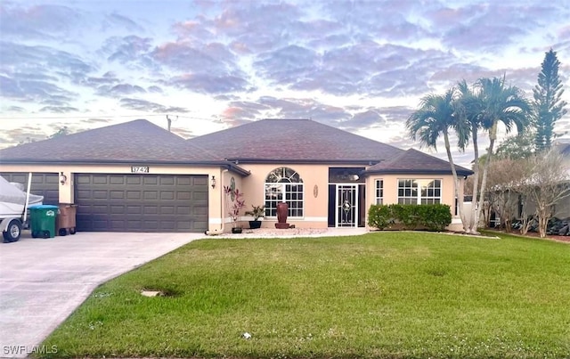 ranch-style house with an attached garage, a front yard, stucco siding, concrete driveway, and a shingled roof