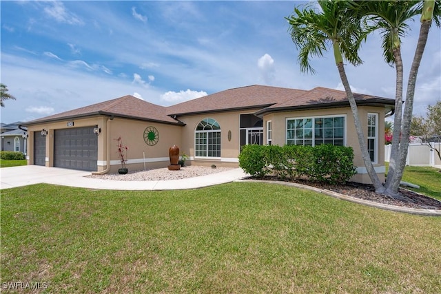 single story home featuring stucco siding, a garage, and concrete driveway
