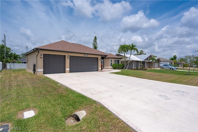 ranch-style house featuring driveway, a garage, and stucco siding