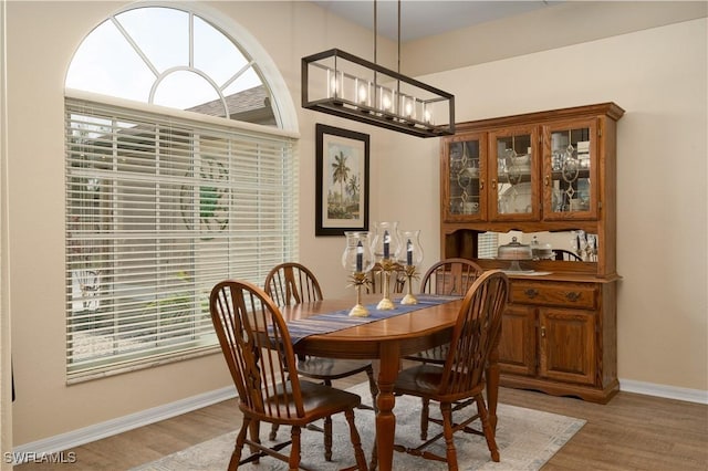 dining room with light wood finished floors, baseboards, and healthy amount of natural light