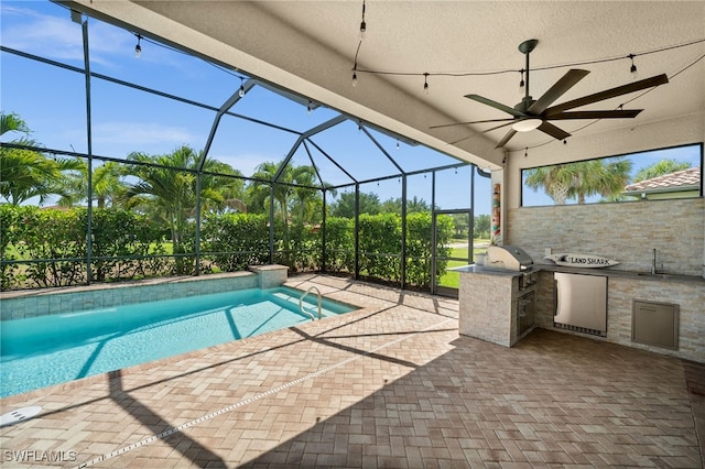 10626 Essex Square Blvd, Fort Myers, FL 33913 - outdoor pool with an outdoor kitchen, grilling area, ceiling fan, a patio area, and a sink