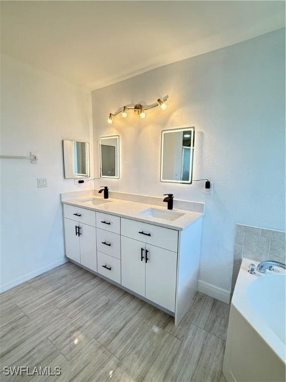 bathroom featuring double vanity, baseboards, and a bath