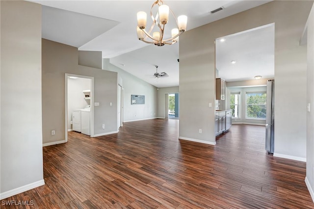 1976 San Marco Rd, Marco Island, FL 34145 - unfurnished living room with washer and clothes dryer, a chandelier, dark wood-type flooring, a ceiling fan, and vaulted ceiling