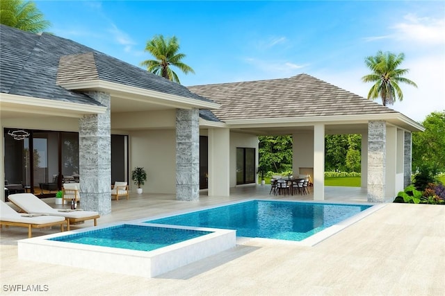 view of pool featuring a patio, a pool with connected hot tub, and outdoor dining space
