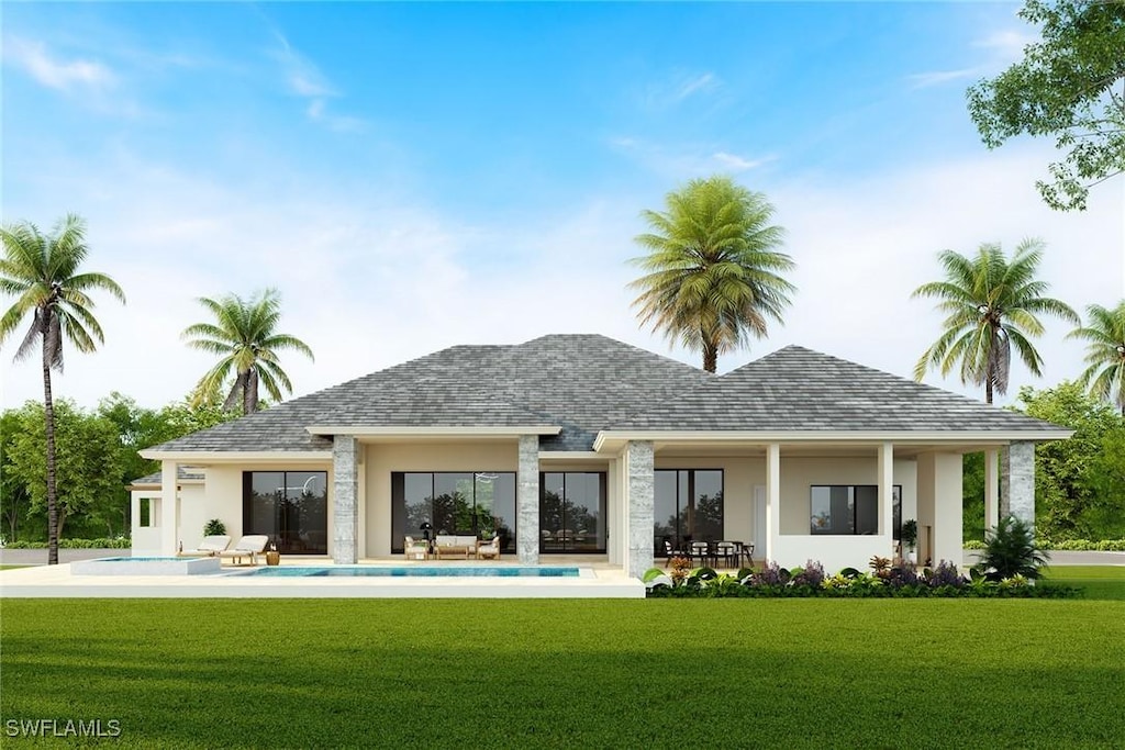 rear view of house with a lawn, a shingled roof, stucco siding, and a pool with connected hot tub