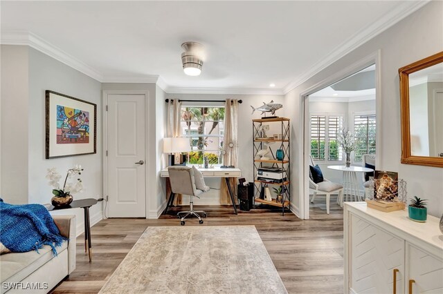 3580 Windjammer Cir Unit 1603, Naples, FL 34112 - office area featuring healthy amount of natural light, light wood-type flooring, crown molding, and baseboards