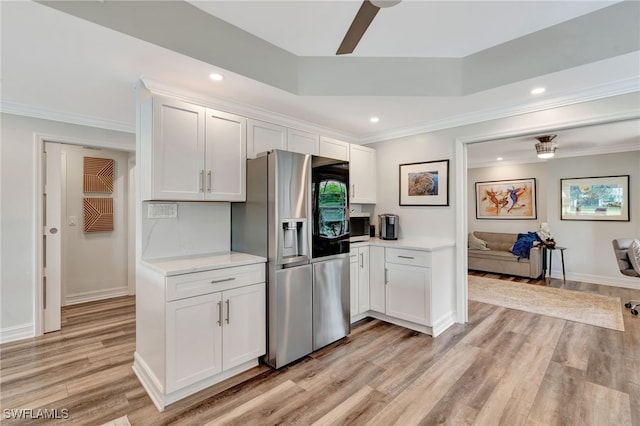 3580 Windjammer Cir Unit 1603, Naples, FL 34112 - kitchen with stainless steel appliances, light wood-style flooring, light countertops, ceiling fan, and recessed lighting