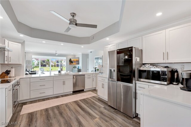 3580 Windjammer Cir Unit 1603, Naples, FL 34112 - kitchen featuring appliances with stainless steel finishes, a ceiling fan, a sink, wood finished floors, and recessed lighting
