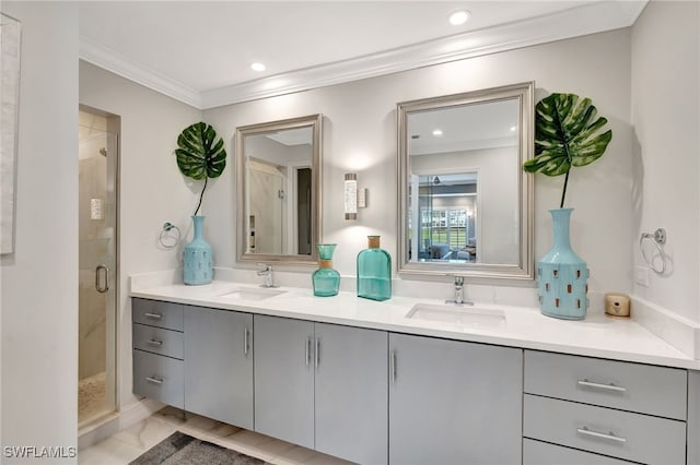 3580 Windjammer Cir Unit 1603, Naples, FL 34112 - full bath featuring crown molding, double vanity, a shower stall, and recessed lighting