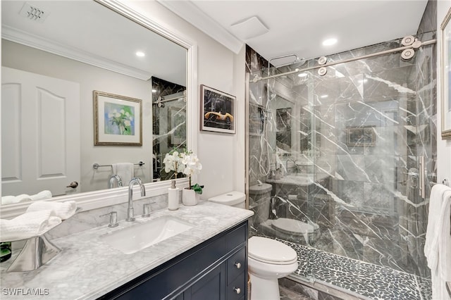 3580 Windjammer Cir Unit 1603, Naples, FL 34112 - bathroom featuring toilet, ornamental molding, a marble finish shower, vanity, and recessed lighting