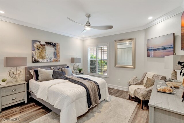 3580 Windjammer Cir Unit 1603, Naples, FL 34112 - bedroom featuring crown molding, wood finished floors, recessed lighting, baseboards, and ceiling fan