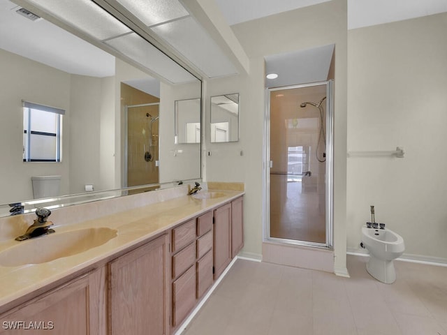 full bathroom with a shower stall, a bidet, baseboards, tile patterned flooring, and double vanity