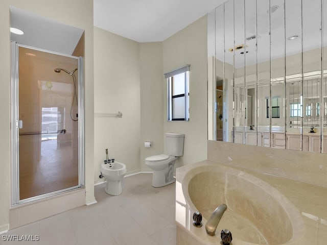 full bathroom featuring a bidet, a stall shower, toilet, and tile patterned flooring