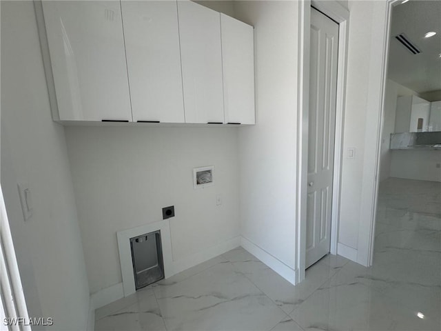 clothes washing area with light marble finish floors, electric dryer hookup, hookup for a washing machine, baseboards, and cabinet space