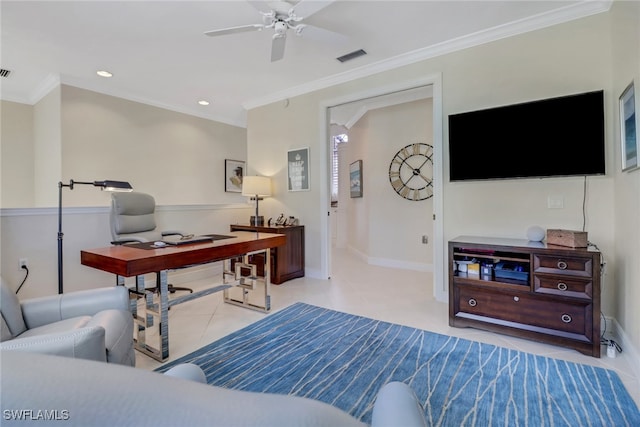 tiled office with ceiling fan, ornamental molding, recessed lighting, and baseboards