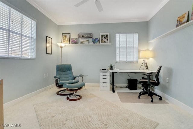 office featuring carpet flooring, ceiling fan, ornamental molding, and baseboards