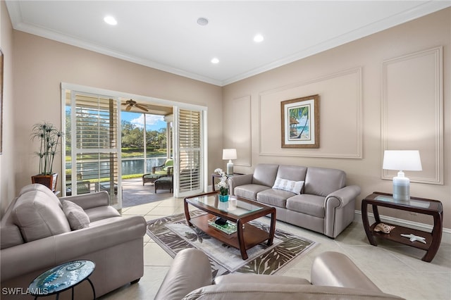 3417 Marbella Ct, Bonita Springs, FL 34134 - living room featuring ornamental molding, light tile patterned floors, recessed lighting, baseboards, and a water view
