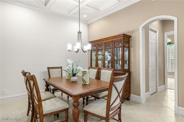 3417 Marbella Ct, Bonita Springs, FL 34134 - dining room featuring arched walkways, a chandelier, coffered ceiling, light tile patterned floors, and baseboards