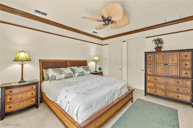3417 Marbella Ct, Bonita Springs, FL 34134 - bedroom featuring light tile patterned floors, a ceiling fan, and crown molding