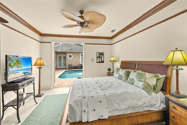 3417 Marbella Ct, Bonita Springs, FL 34134 - bedroom featuring light tile patterned floors, crown molding, and a ceiling fan