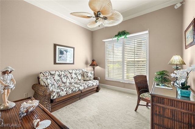 3417 Marbella Ct, Bonita Springs, FL 34134 - home office with ornamental molding, a ceiling fan, baseboards, and carpet