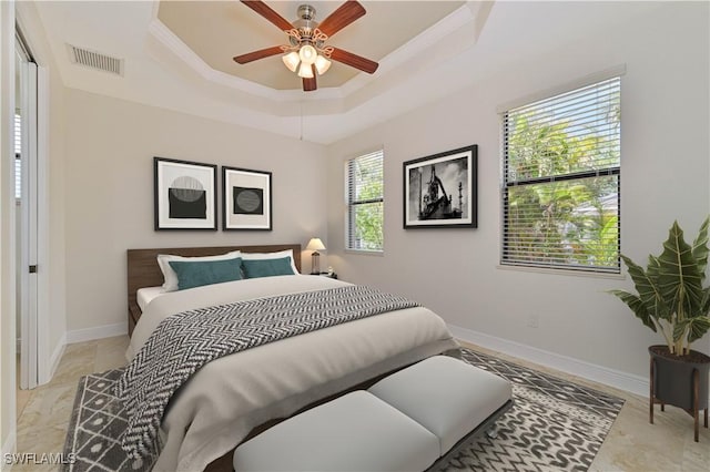 4910 SW 17th Pl Unit 4B, Cape Coral, FL 33914 - bedroom with a raised ceiling, ornamental molding, and a ceiling fan