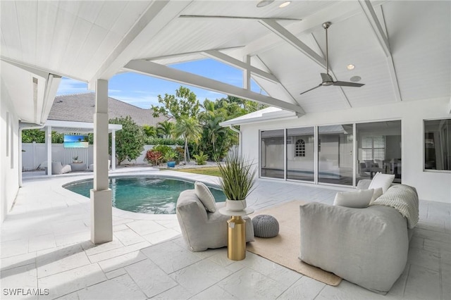 645 Park Shore Dr, Naples, FL 34103 - view of pool with a patio, a fenced backyard, and ceiling fan