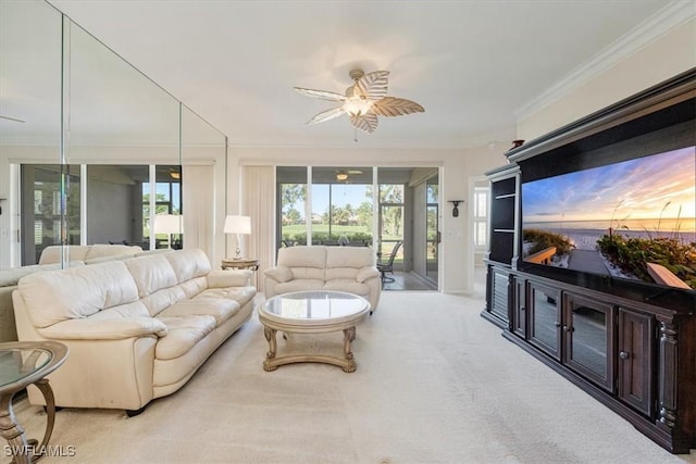 8015 Tiger Cv Unit 204, Naples, FL 34113 - carpeted living room featuring a ceiling fan and crown molding