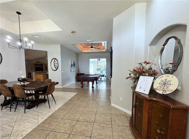 2639 SW 5th St, Cape Coral, FL 33991 - dining area featuring billiards table, a raised ceiling, baseboards, light tile patterned flooring, and ceiling fan
