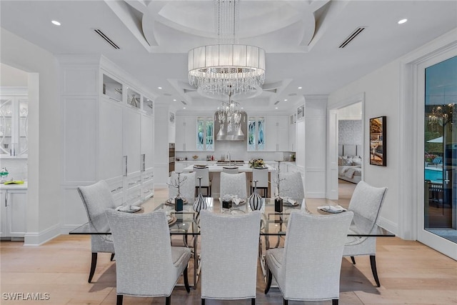 714 Killdeer Pl, Naples, FL 34108 - dining room with a chandelier, light wood-style floors, recessed lighting, coffered ceiling, and baseboards
