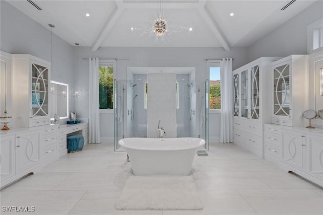714 Killdeer Pl, Naples, FL 34108 - bathroom with a shower stall, vanity, a chandelier, and tile patterned floors