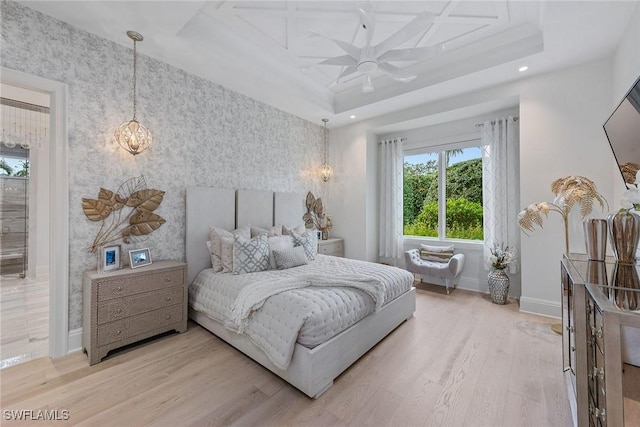 714 Killdeer Pl, Naples, FL 34108 - bedroom with light wood-type flooring, wallpapered walls, baseboards, coffered ceiling, and recessed lighting
