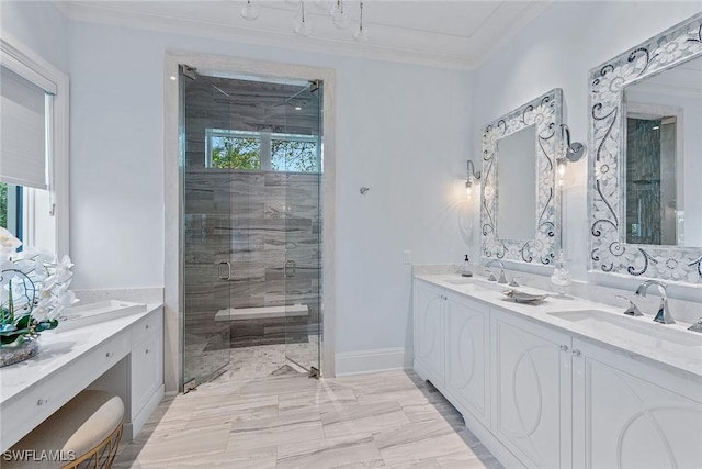 714 Killdeer Pl, Naples, FL 34108 - full bathroom featuring a stall shower, healthy amount of natural light, double vanity, crown molding, and marble finish floors