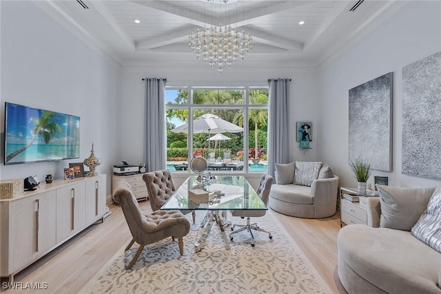 714 Killdeer Pl, Naples, FL 34108 - living room featuring light wood-style flooring, a chandelier, beam ceiling, and recessed lighting
