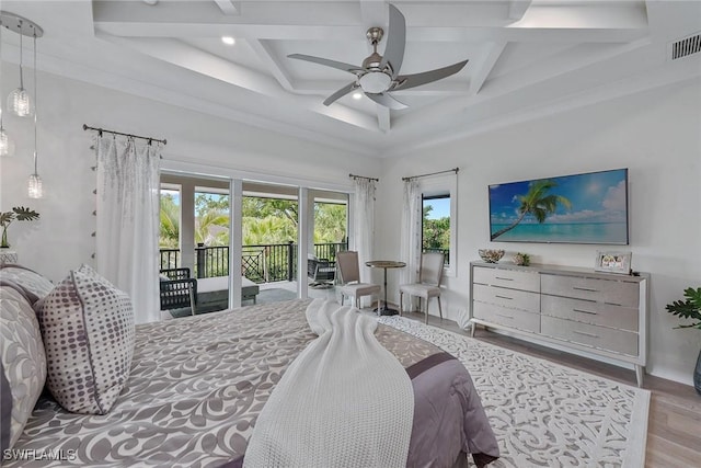 714 Killdeer Pl, Naples, FL 34108 - bedroom featuring access to outside, wood finished floors, beam ceiling, coffered ceiling, and recessed lighting