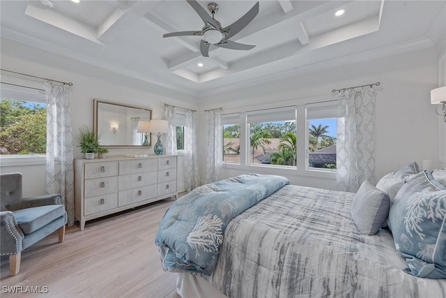 714 Killdeer Pl, Naples, FL 34108 - bedroom with coffered ceiling, multiple windows, light wood-type flooring, recessed lighting, and beamed ceiling