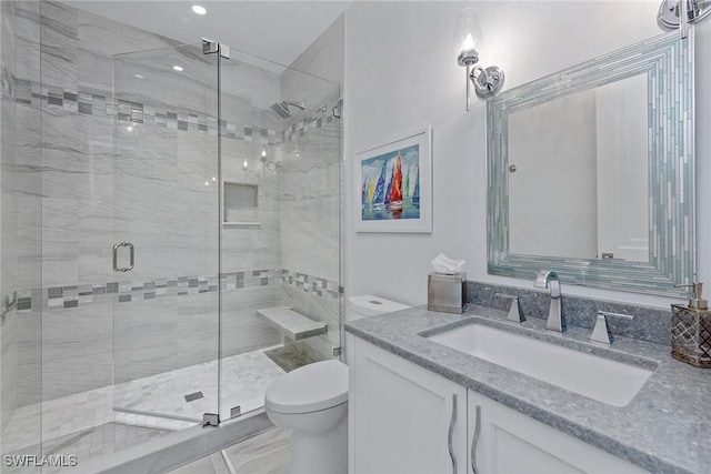 714 Killdeer Pl, Naples, FL 34108 - bathroom with toilet, a stall shower, vanity, and recessed lighting