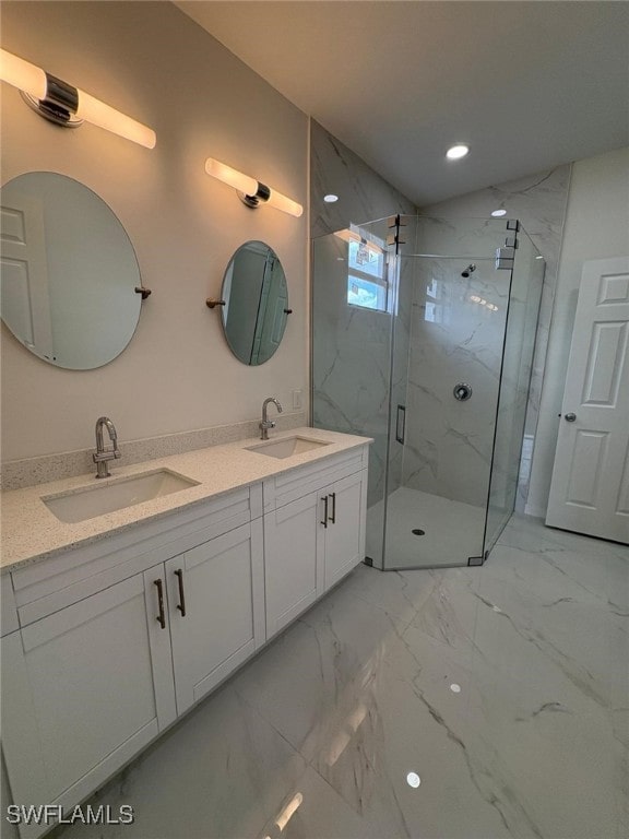 4118 4th St SW, Lehigh Acres, FL 33976 - full bathroom featuring marble look tiles, a marble finish shower, double vanity, and recessed lighting
