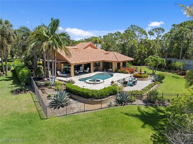 view of pool featuring an in-ground hot tub and a patio