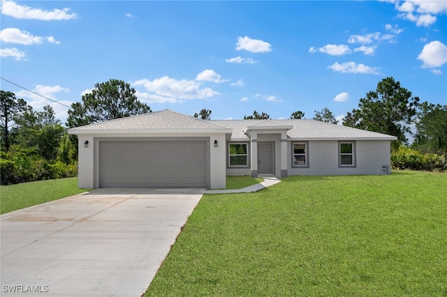 view of front facade with stucco siding, an attached garage, concrete driveway, and a front lawn