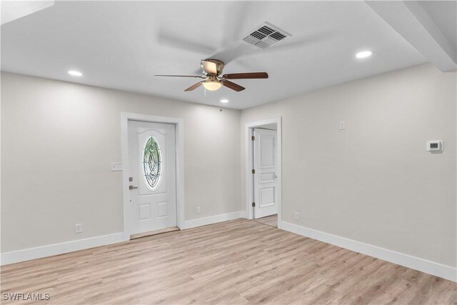 foyer entrance featuring a ceiling fan, light wood-style flooring, baseboards, and recessed lighting