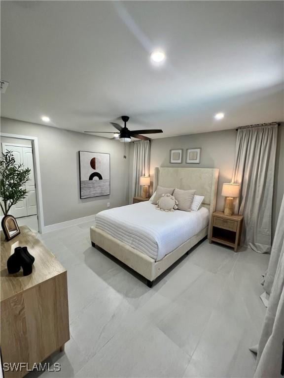bedroom featuring recessed lighting, ceiling fan, and baseboards