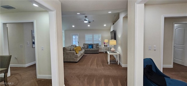 1948 Redmont Ave, Lehigh Acres, FL 33972 - living area featuring carpet flooring, a ceiling fan, and recessed lighting