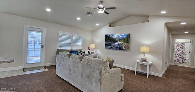 1948 Redmont Ave, Lehigh Acres, FL 33972 - living room featuring ceiling fan, carpet flooring, lofted ceiling, recessed lighting, and baseboards