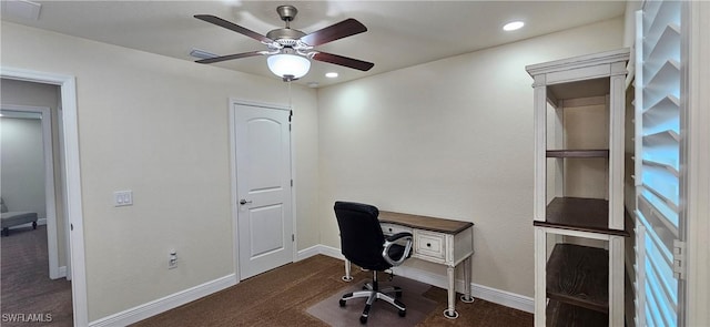 1948 Redmont Ave, Lehigh Acres, FL 33972 - home office featuring a ceiling fan, carpet floors, baseboards, and recessed lighting