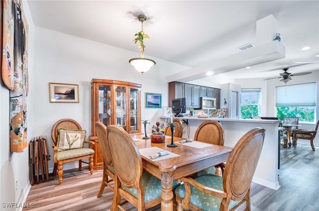 816 Mount Hood Ct, Naples, FL 34104 - dining area featuring light wood-style floors, ceiling fan, baseboards, and recessed lighting