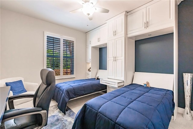 bedroom with light colored carpet and ceiling fan