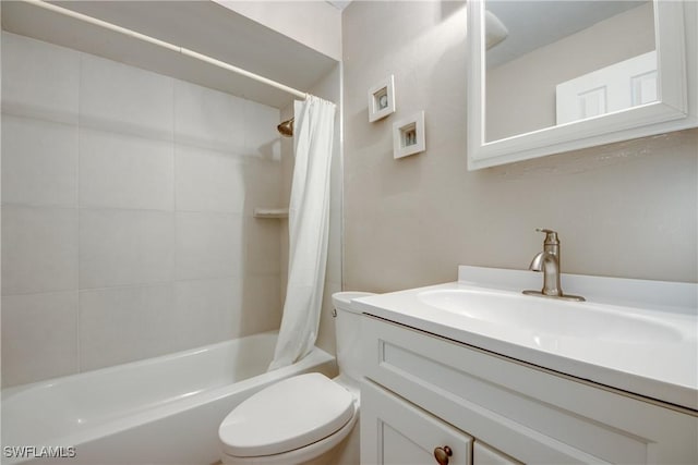 7232 Saint Anns Ct, Fort Myers, FL 33908 - bathroom featuring toilet, vanity, and shower / tub combo with curtain