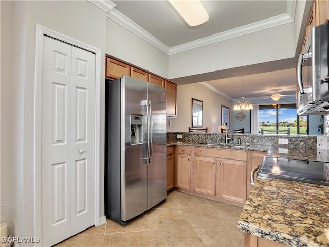 17961 Bonita National Blvd Unit 514, Bonita Springs, FL 34135 - kitchen featuring stainless steel appliances, crown molding, a chandelier, light tile patterned floors, and pendant lighting
