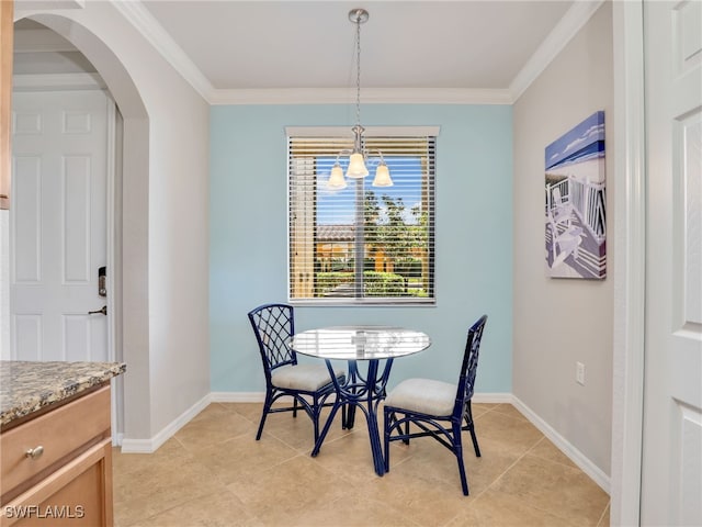17961 Bonita National Blvd Unit 514, Bonita Springs, FL 34135 - dining space featuring arched walkways, ornamental molding, a chandelier, and light tile patterned flooring